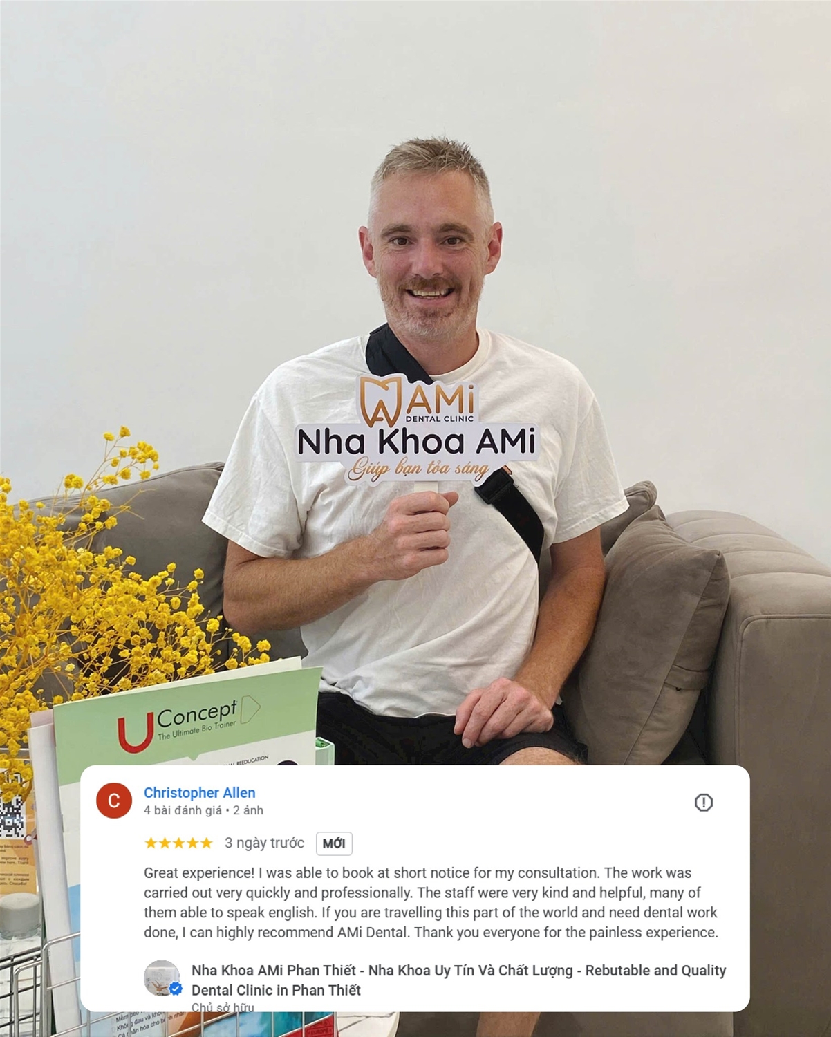 Khách hàng Christopher Allen check-in hài lòng với dịch vụ tại Nha khoa AMi.